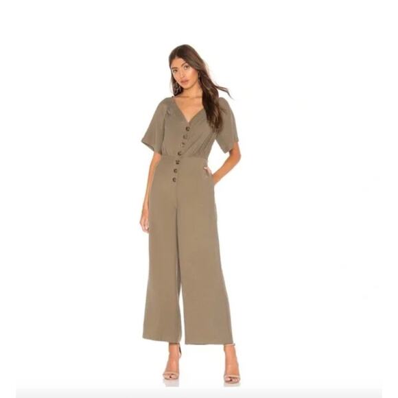 L’Academie by Revolve Jumpsuit XS Olive Green Button Front Wide Leg One Piece - Picture 1 of 10